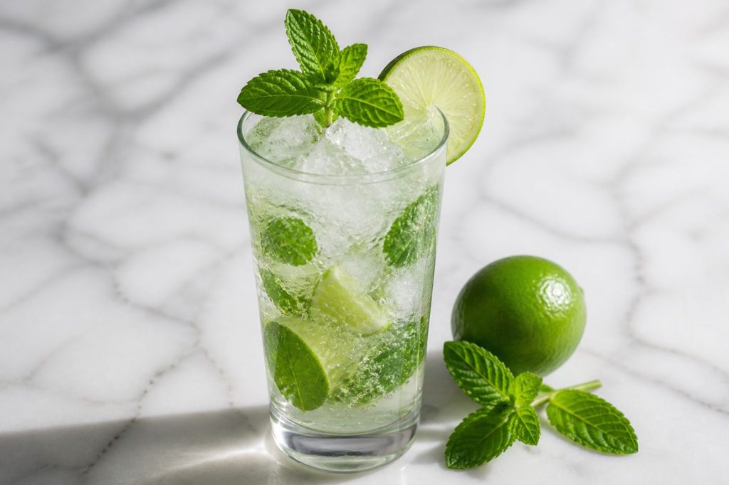 Classic mojito in a tall glass with mint sprigs, lime wedges, and crushed ice in bright daylight