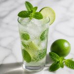 Classic mojito in a tall glass with mint sprigs, lime wedges, and crushed ice in bright daylight