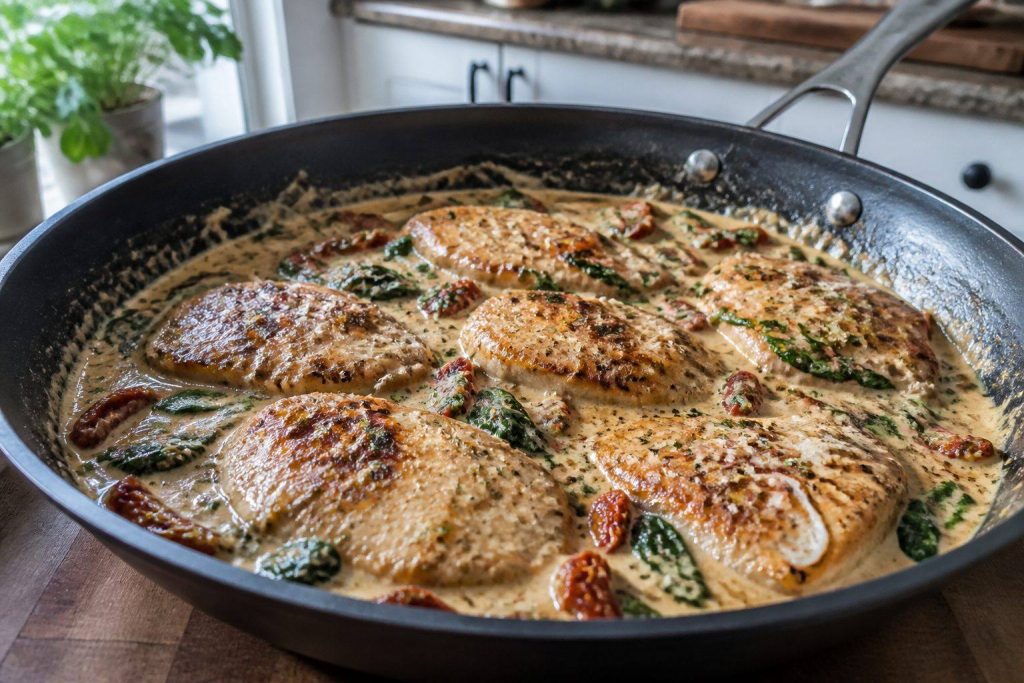Skillet of creamy Tuscan chicken with sun-dried tomatoes and spinach in a daylight kitchen