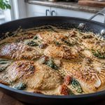 Skillet of creamy Tuscan chicken with sun-dried tomatoes and spinach in a daylight kitchen