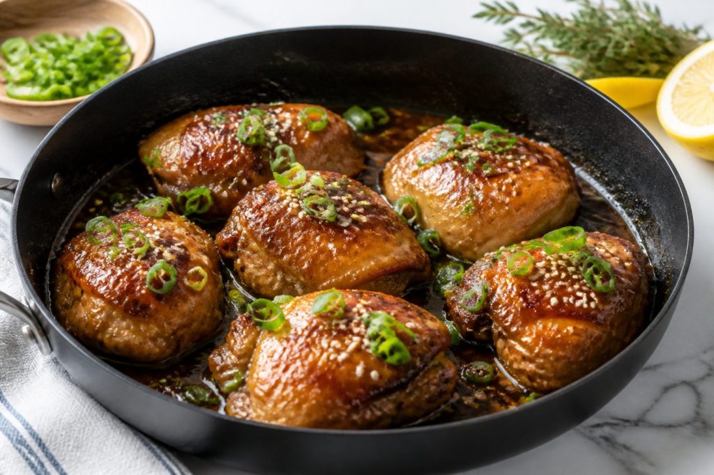 Skillet of honey garlic chicken thighs in a glossy sauce with green onions, daylight kitchen light