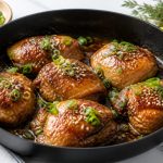 Skillet of honey garlic chicken thighs in a glossy sauce with green onions, daylight kitchen light
