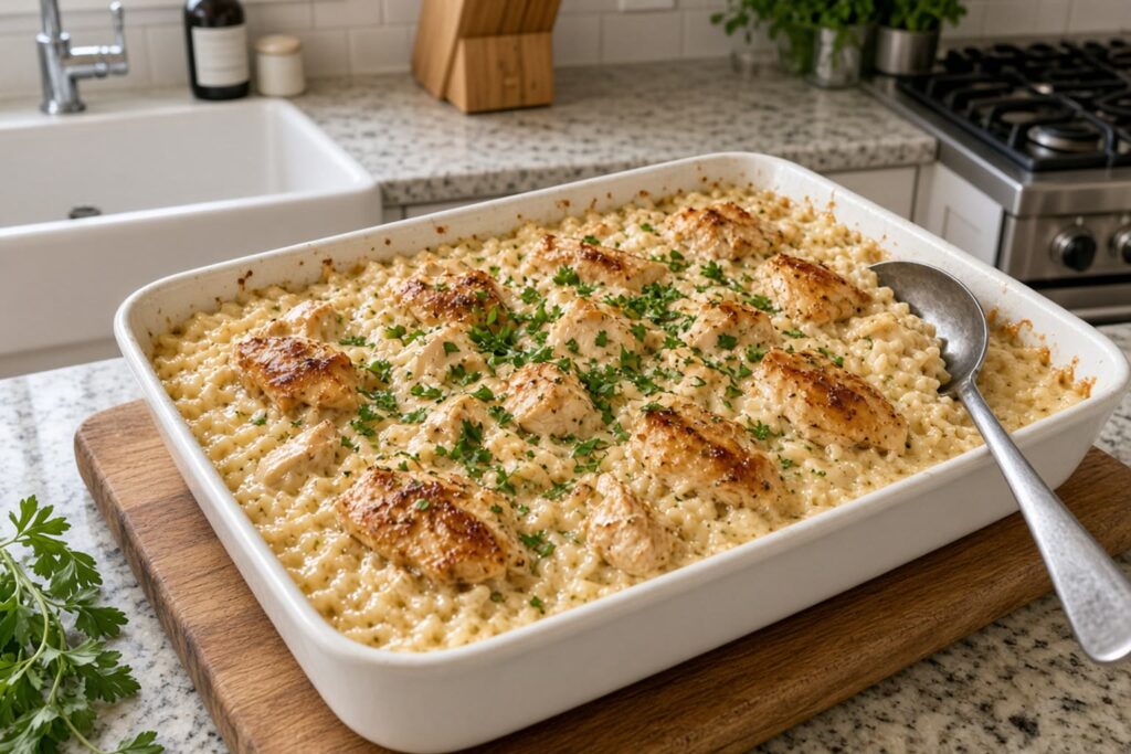 Baked chicken and rice casserole with golden chicken pieces and parsley in a 9x13 dish