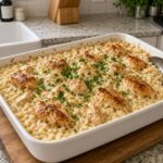 Baked chicken and rice casserole with golden chicken pieces and parsley in a 9x13 dish