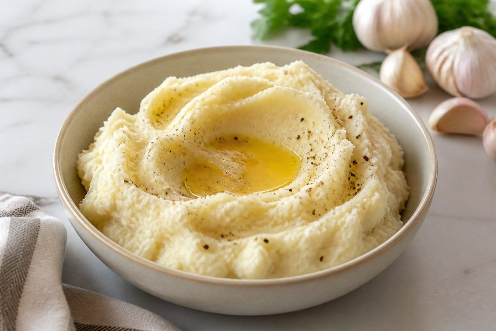 Bowl of creamy garlic mashed potatoes with melted butter and black pepper, daylight kitchen