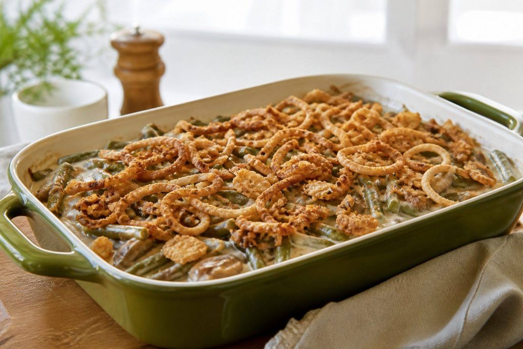Green bean casserole from scratch with creamy mushroom sauce and crispy fried onions on top