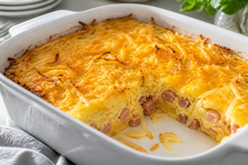 Baked hash brown breakfast casserole with golden potato top and melted cheddar in a white dish