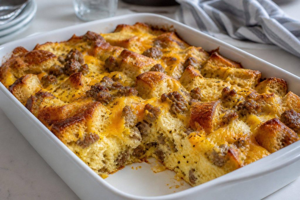 Sliced sausage egg breakfast casserole with bread cubes and cheddar in a baking dish