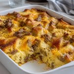 Sliced sausage egg breakfast casserole with bread cubes and cheddar in a baking dish