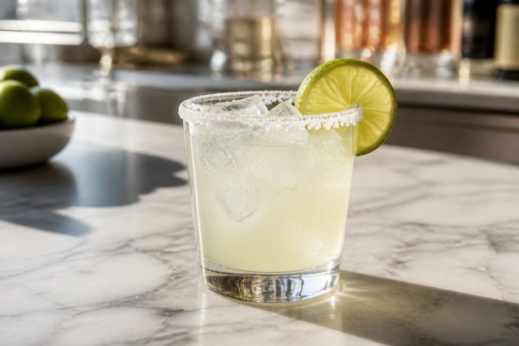 Skinny margarita in a salt-rimmed glass with lime wheel and ice in bright daylight