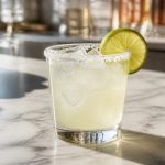 Skinny margarita in a salt-rimmed glass with lime wheel and ice in bright daylight
