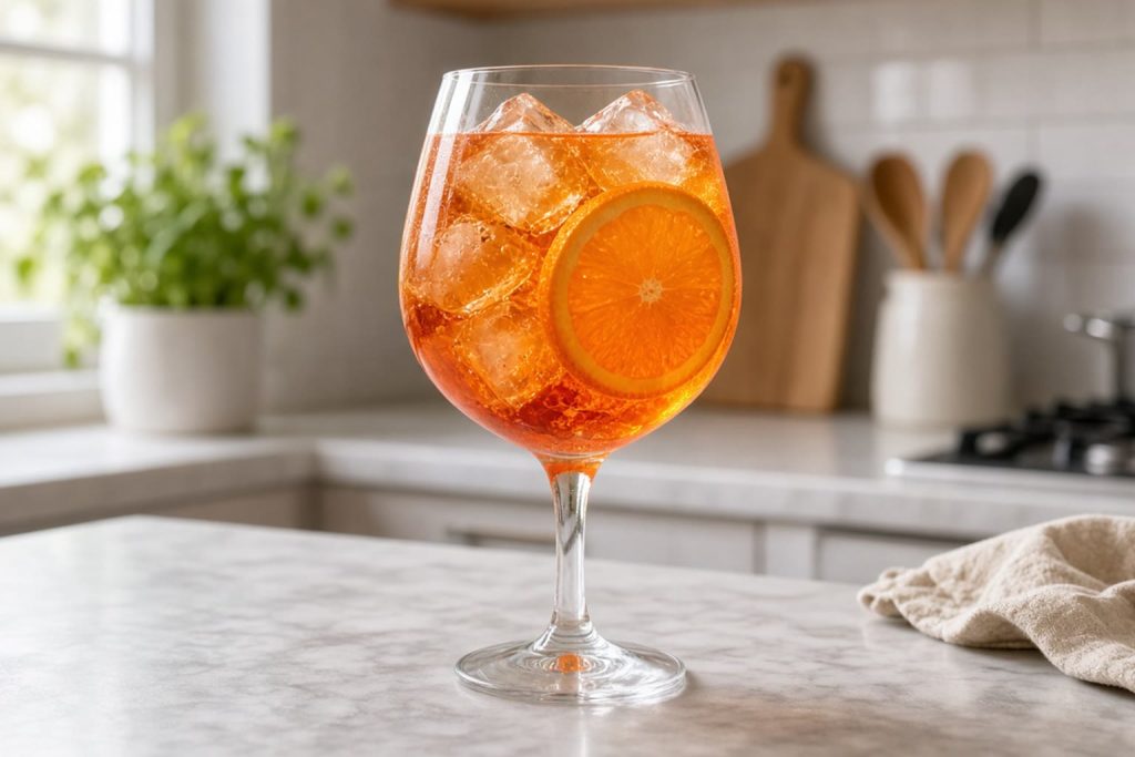 Aperol spritz in a wine glass with an orange slice