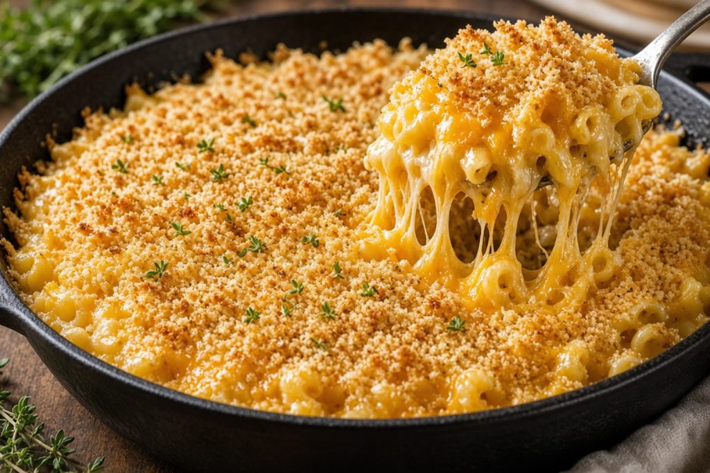 Cast-iron skillet of baked macaroni and cheese with a browned breadcrumb top