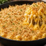 Cast-iron skillet of baked macaroni and cheese with a browned breadcrumb top