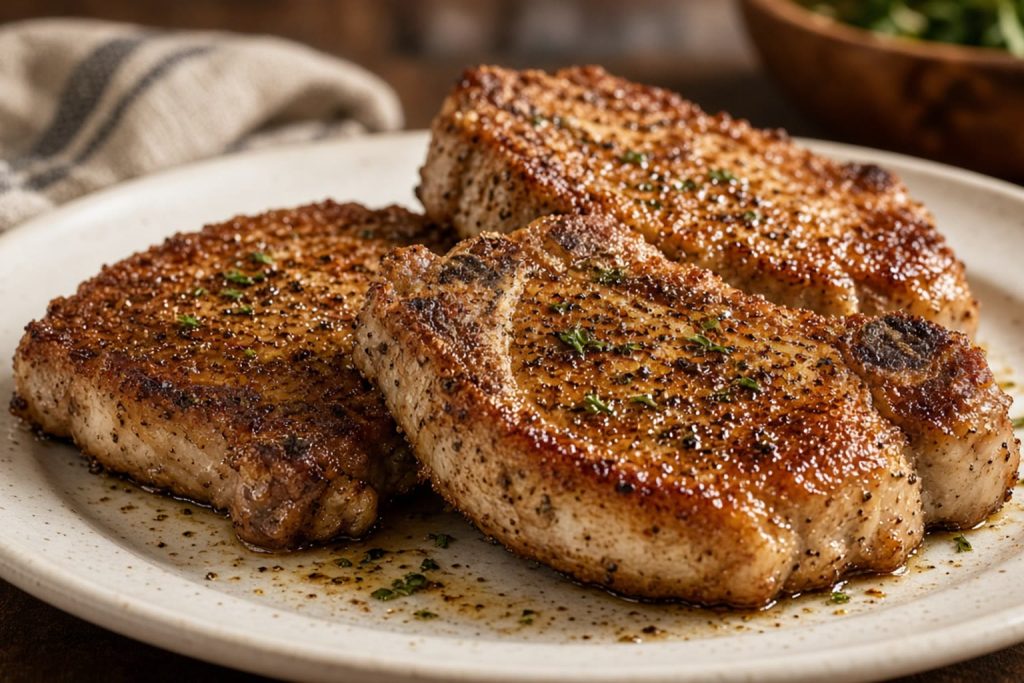 Baked pork chops on a platter