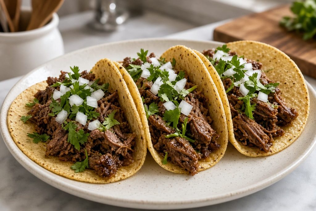 Beef tacos in corn tortillas with onion and cilantro