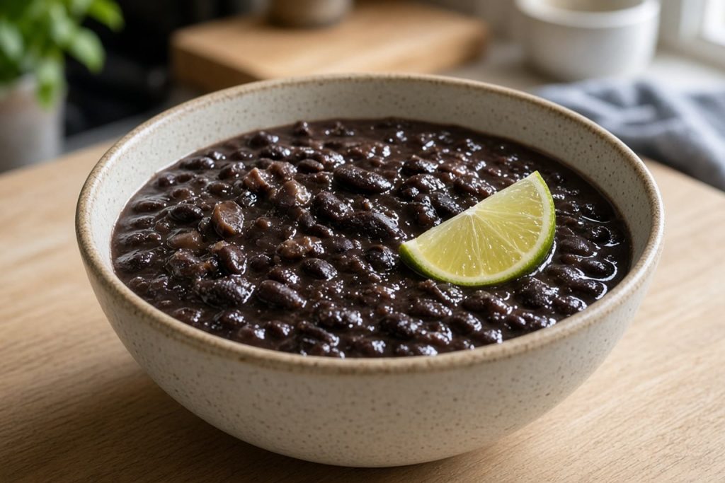 Bowl of black bean soup with lime