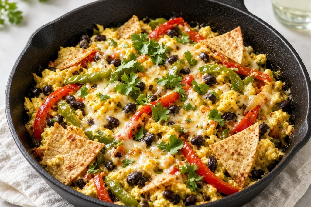 Cast iron breakfast burrito skillet with eggs, peppers, beans, cheese, and tortilla wedges