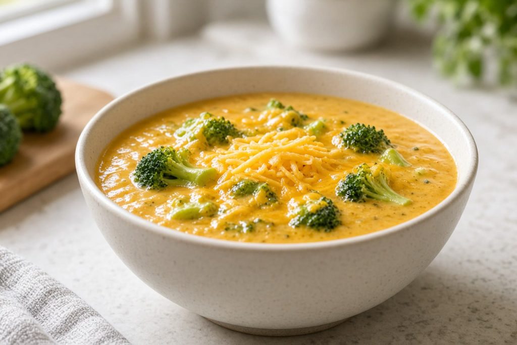 Broccoli cheddar soup in a bowl