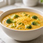 Broccoli cheddar soup in a bowl