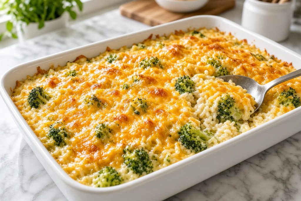 Cheesy broccoli rice casserole with melted cheddar and broccoli florets in a baking dish
