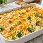 Cheesy broccoli rice casserole with melted cheddar and broccoli florets in a baking dish