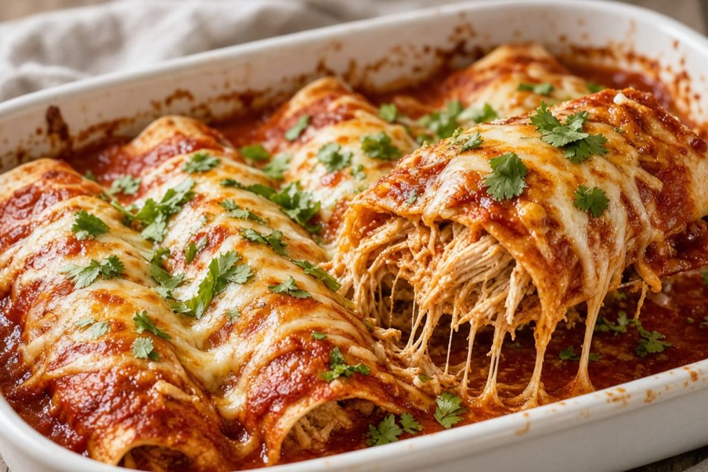 Baking dish of chicken enchiladas covered in red sauce and melted cheese