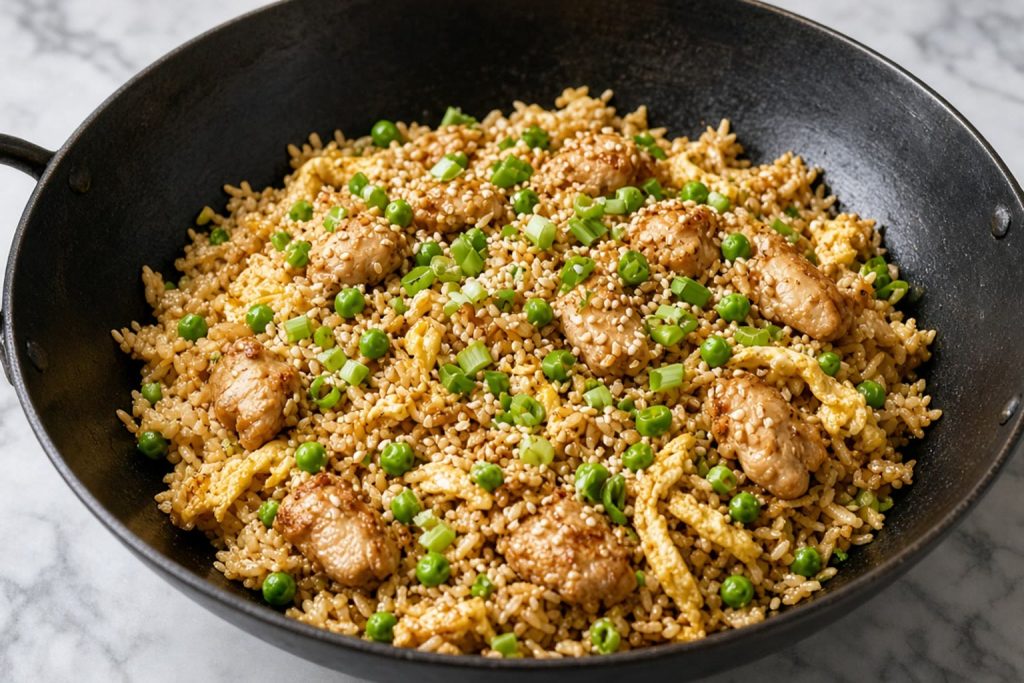 Wok of chicken fried rice with egg, peas, and scallions
