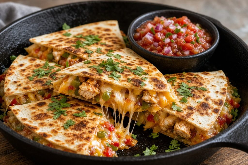 Chicken quesadilla cut into wedges with melted cheese and salsa