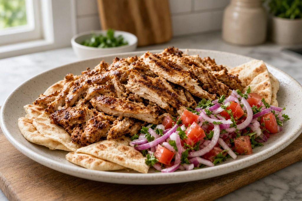 Sliced chicken shawarma on a sheet pan