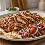 Sliced chicken shawarma on a sheet pan