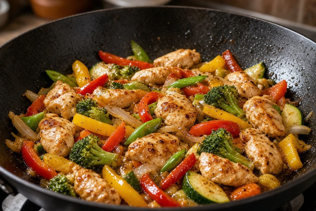 Chicken stir fry in a wok