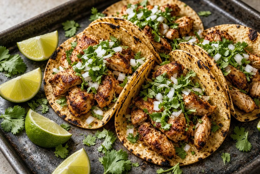 Chicken tacos in corn tortillas with onion, cilantro, and lime