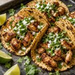 Chicken tacos in corn tortillas with onion, cilantro, and lime