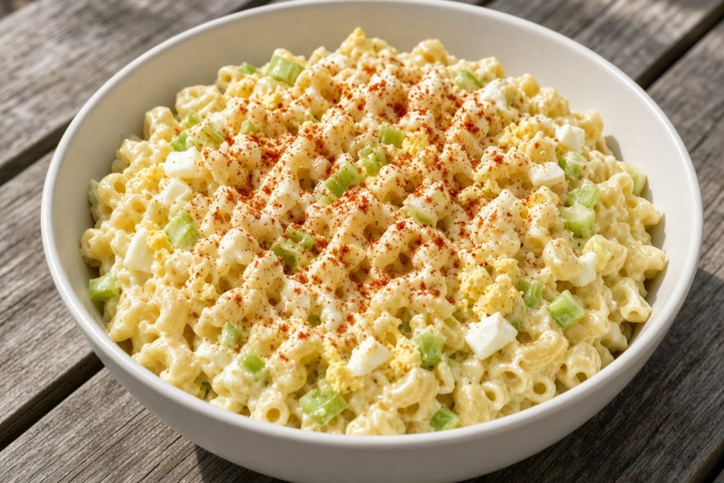 Bowl of classic macaroni salad with mayonnaise, celery, and paprika on a picnic table