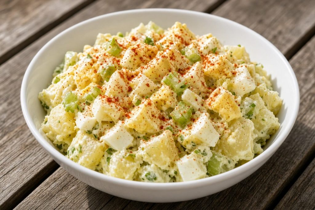 Bowl of classic potato salad with egg, celery, and paprika