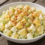 Bowl of classic potato salad with egg, celery, and paprika