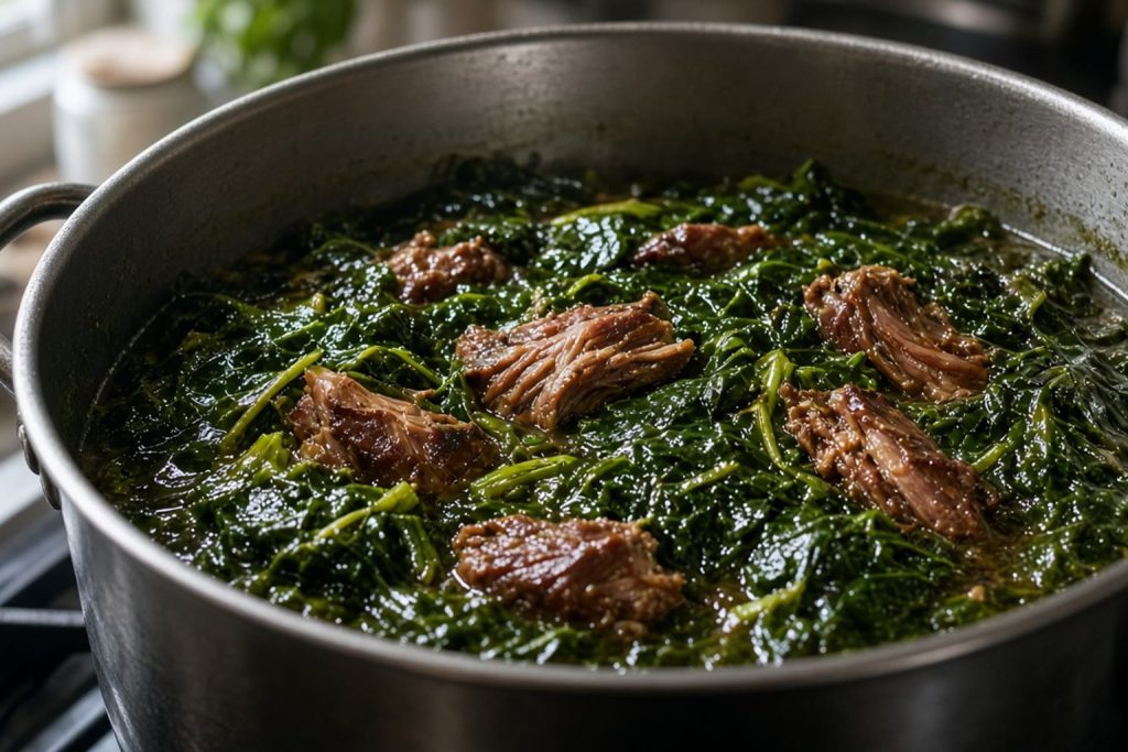 Pot of braised collard greens