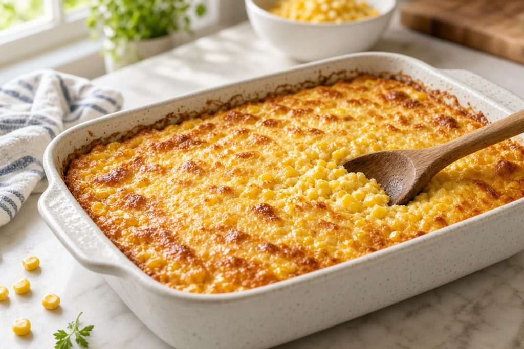 Golden corn casserole in a baking dish with a spoonful showing a creamy corn pudding texture