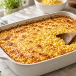 Golden corn casserole in a baking dish with a spoonful showing a creamy corn pudding texture