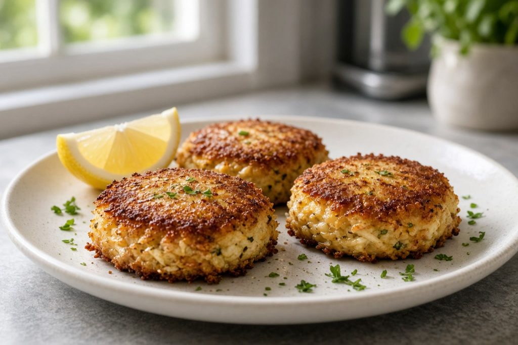 Pan-fried crab cakes on a plate