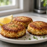 Pan-fried crab cakes on a plate