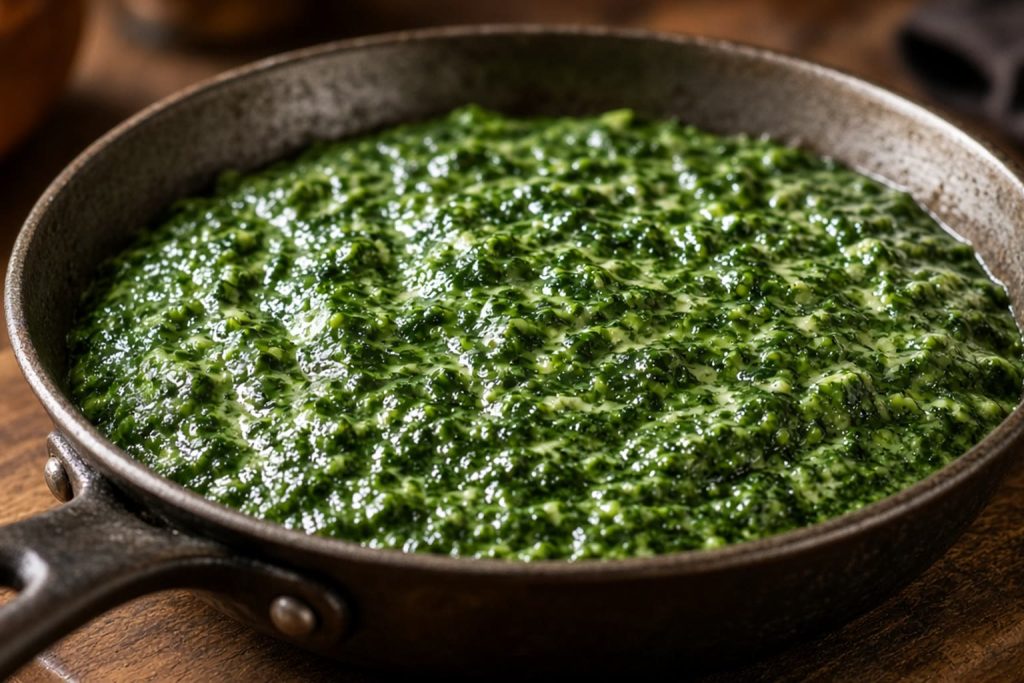 Creamed spinach in a skillet