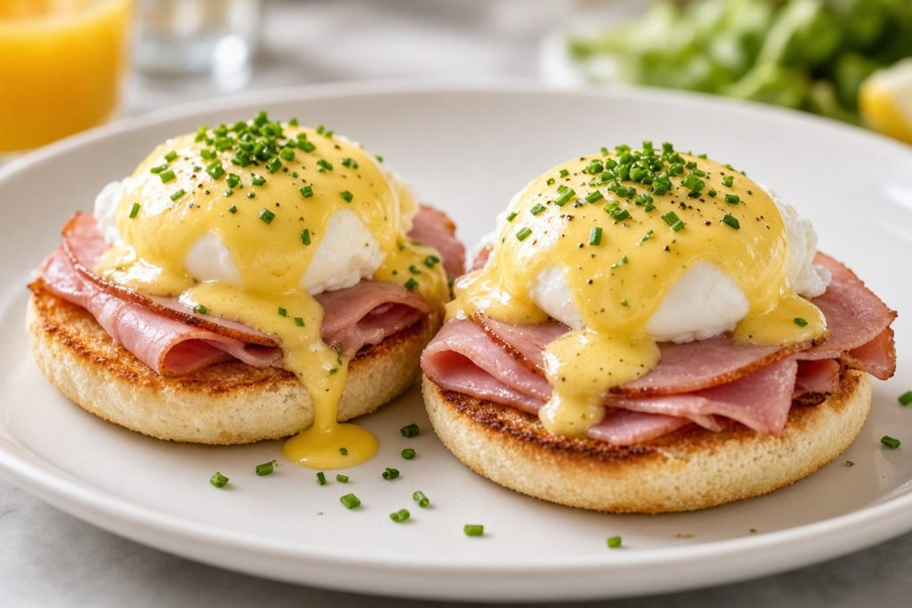 Eggs benedict on an English muffin with ham, poached egg, and hollandaise