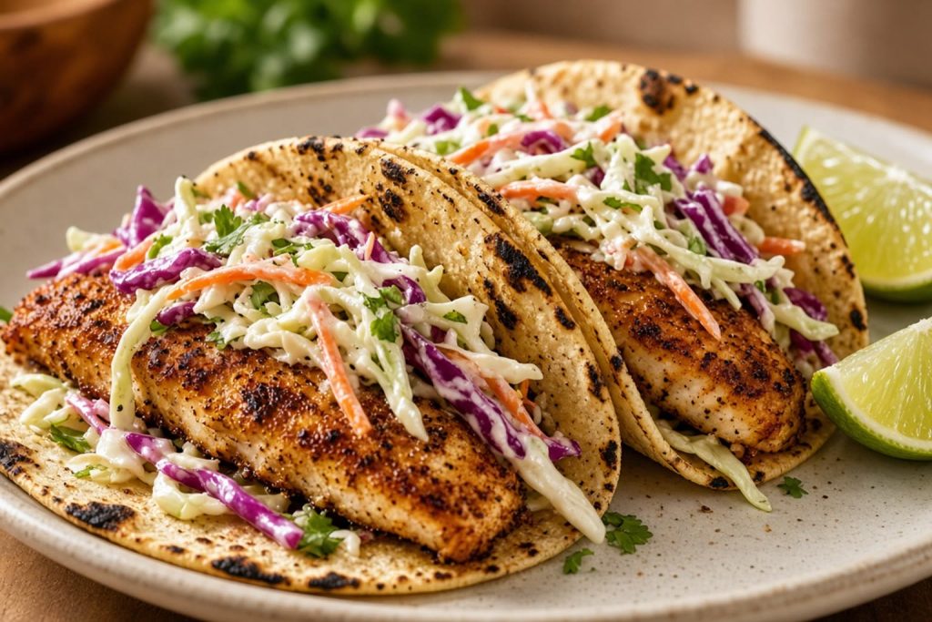 Fish tacos with cabbage and lime