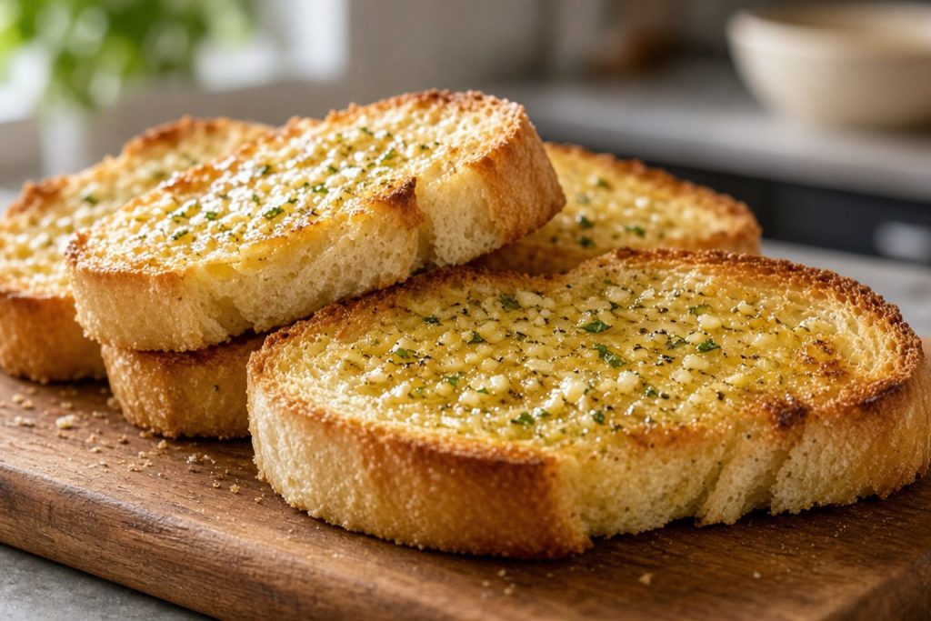 Toasted garlic bread on a board