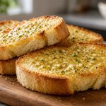 Toasted garlic bread on a board