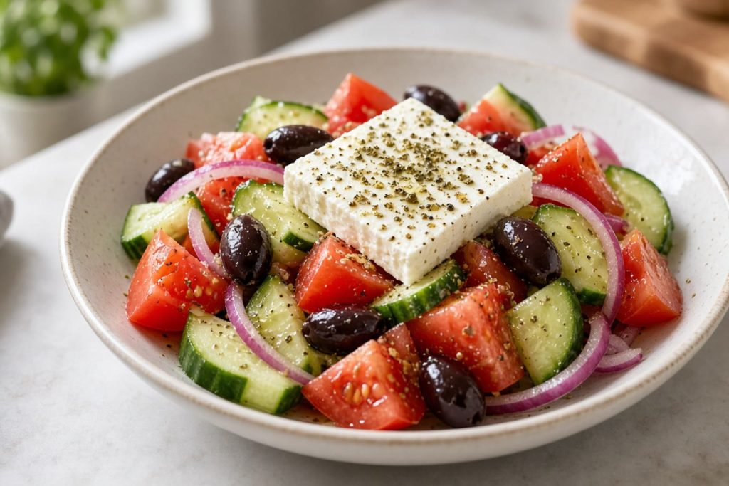 Greek salad with tomato, cucumber, and feta