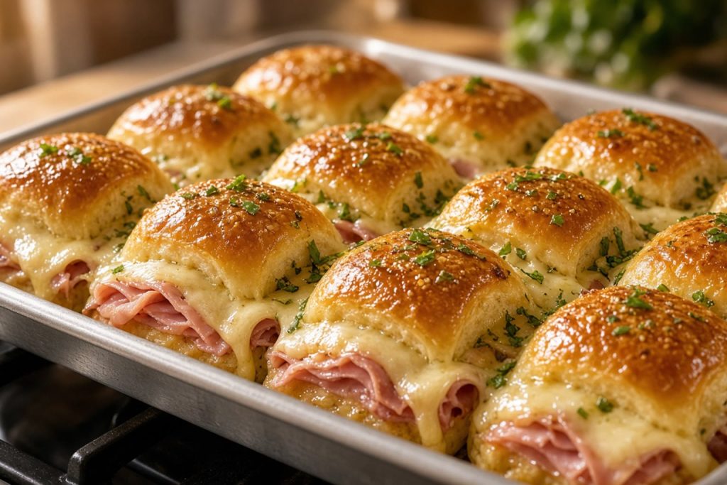 Ham and cheese sliders in a pan