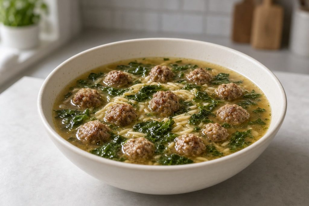 Italian wedding soup with meatballs and greens
